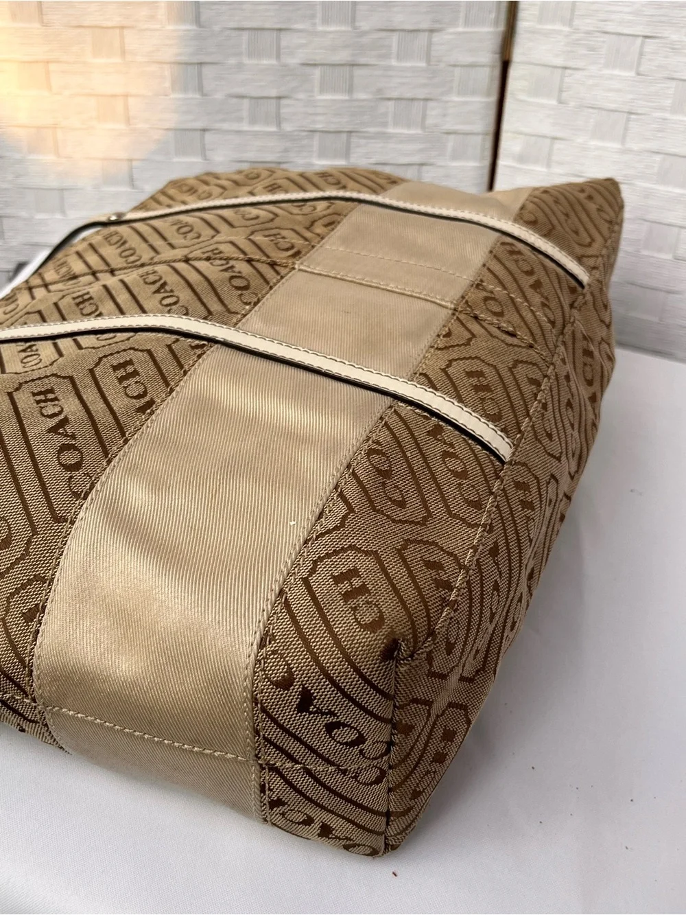2008 Coach Tan Brown Logo Stripe Tote Bag